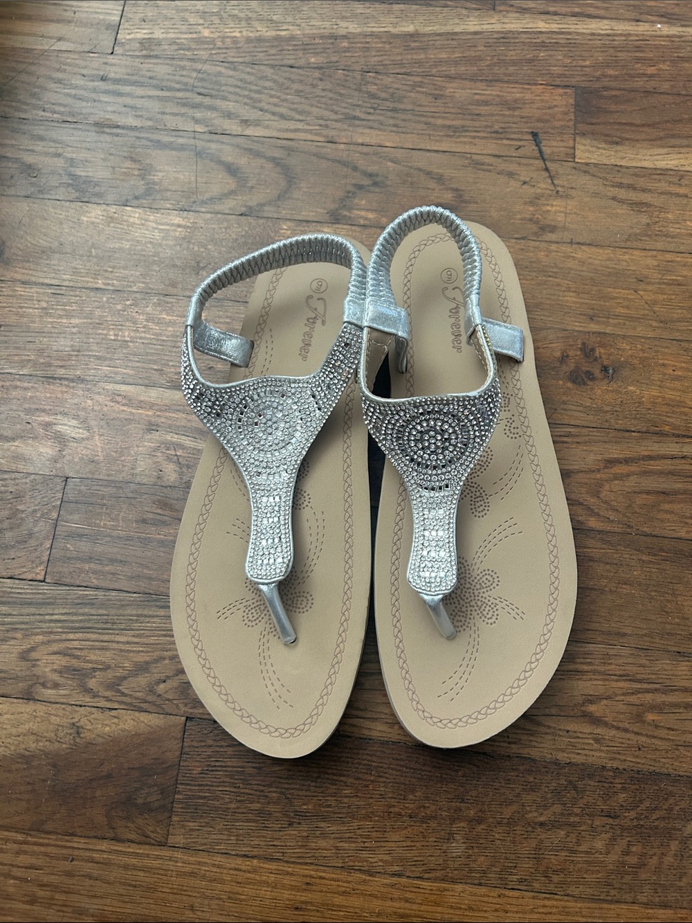 Embellished Silver Women's T-Strap Sandals